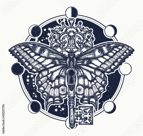 Butterfly and vintage key tattoo art. Mystical symbol of freedom, spiritual search, flight, travel. Beautiful butterfly t-shirt design boho style