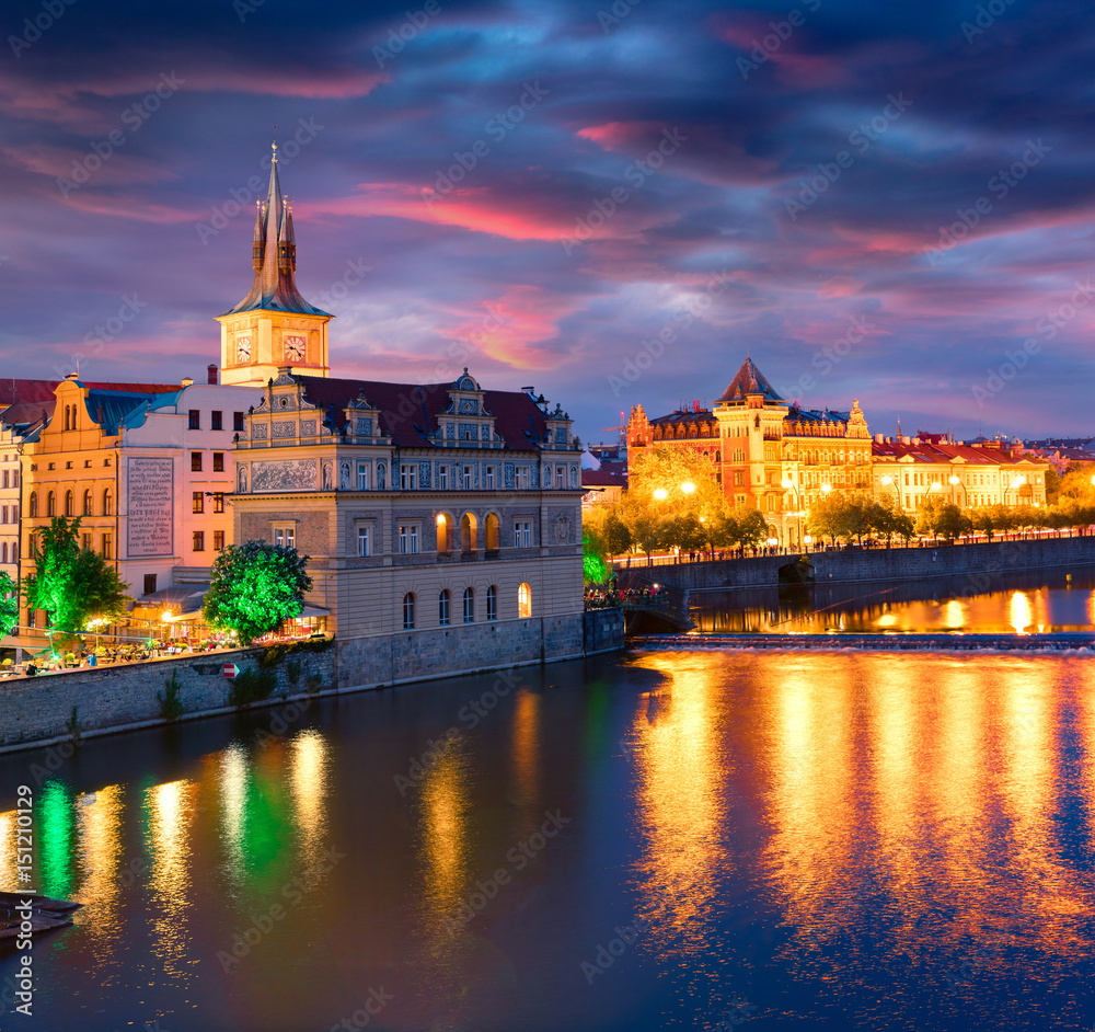 Colorful evening scene in Old Town of Prague.
