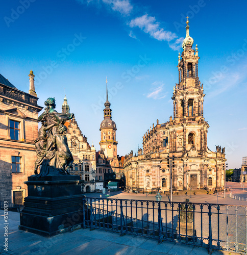 Morning scene in histoirical center of the Dresden Old Town. Cityscape of capital and royal residence for the Electors and Kings of Saxony, Germany, Europe. Artistic style post processed photo.