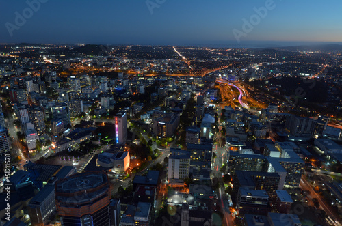 Aerial landscape view of Auckland city CBD at dusk