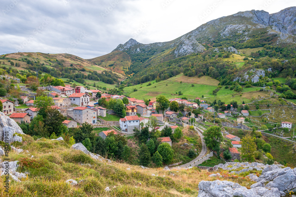 The village Sotres in the Picos de Europa. Near the valley of river Duje, spanisch, Vale do Rio Duje, ist the small town a favourite destination for mountaineer, hiker and tourist 