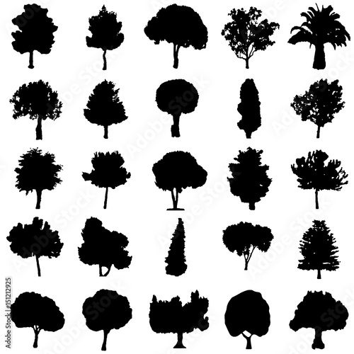 set of black silhouette trees vector - ecology concept