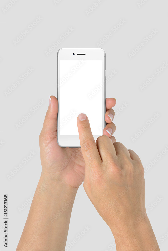 Mockup of female hand holding phone isolated on light grey background | App & UI Mockups Mockup of female hand holding phone isolated on light grey background | App & UI Mockups