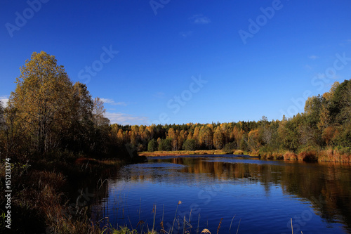 Autumn forest lake sky
