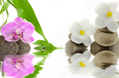 Fototapeta Naklejka Na Ścianę i Meble -  orchidée et fleurs blanches de frangipanier sur galets 