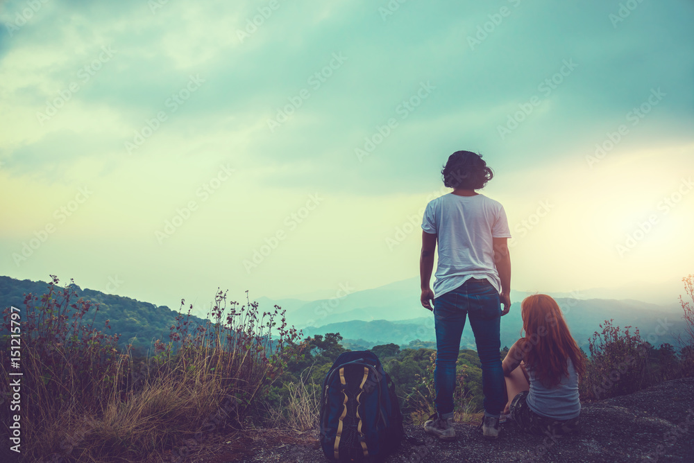 Natural background Couples lovers. The sun rises in the morning on the mountain.  thailand doi inthanon