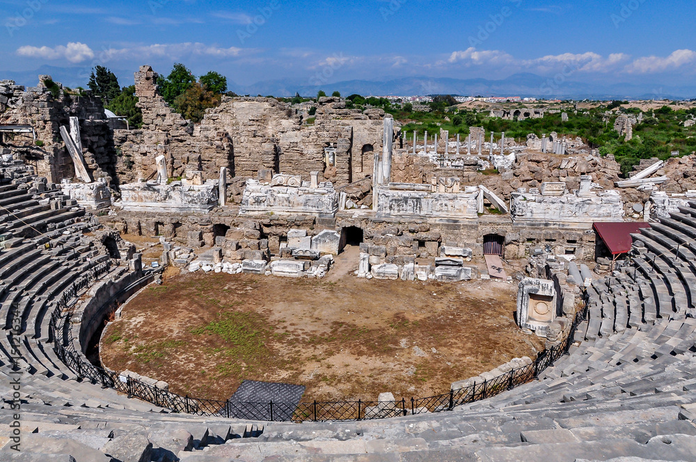 Ruins of the ancient theater in Side, Turkey 