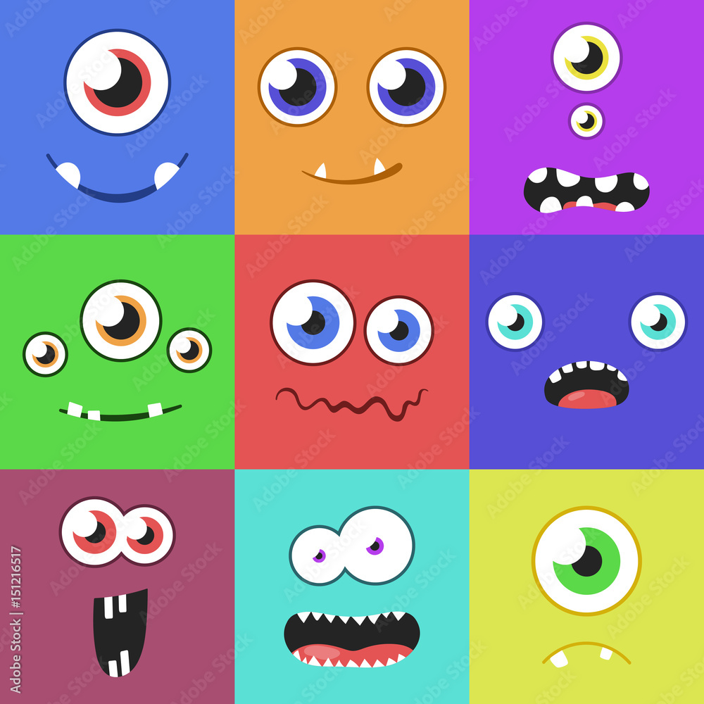 Set of cartoon monster faces with different expression of emotions. Bright emotional avatar collection. Kid theme. Vector illustration for any design