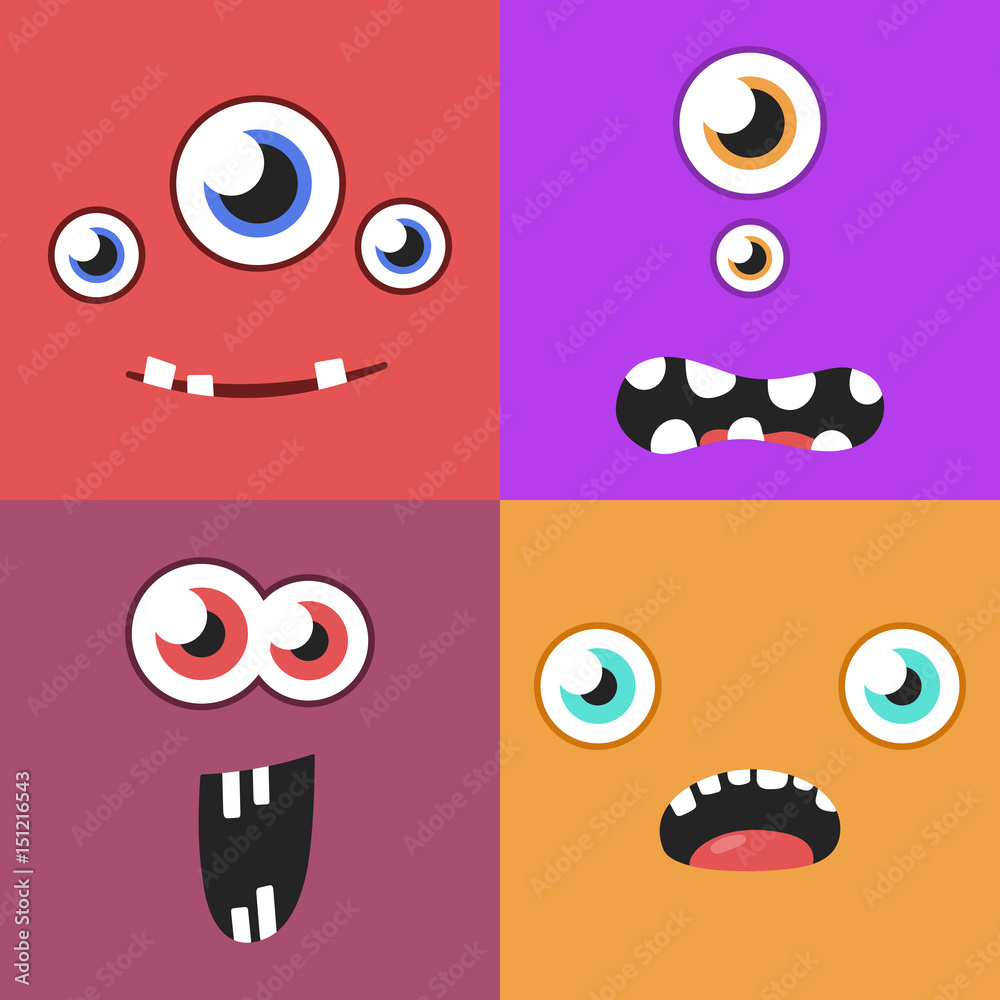 Set of cartoon monster faces with different expression of emotions. Bright emotional avatar collection. Kid theme. Vector illustration for any design