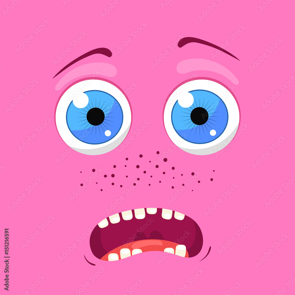 Cartoon monster face. Vector Halloween pink smiling fairy tale avatar. Vector illustration