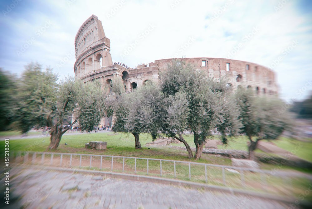 Great Colosseum, Rome, Italy, in vintage style. Intentionally blurred