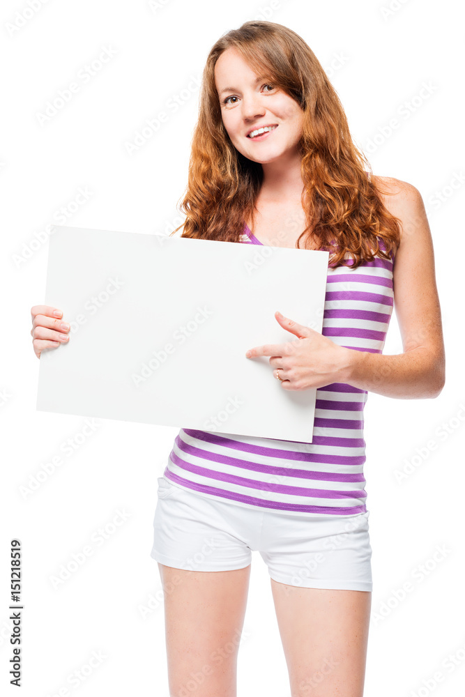 Beautiful model shows on a poster for an inscription Beautiful model shows on a poster for an inscription