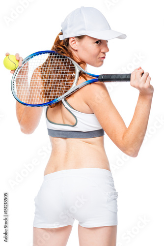 Vertical portrait of a looking tennis player in a cap on a white background © kosmos111