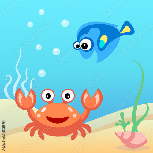 Water world: crab and fish. Stock Vector