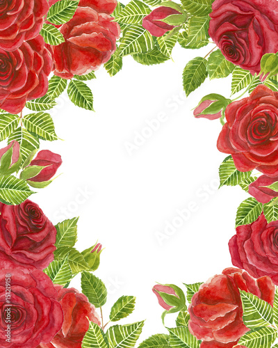 Frame of red roses painted in watercolor. Template design for weddinginvitations, cards and more. White background with space for text.