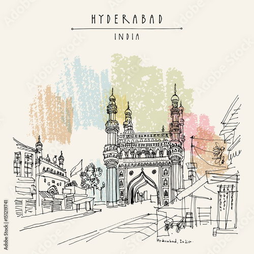 Hyderabad, India. Charminar - famous historical mosque. Vintage hand drawn postcard