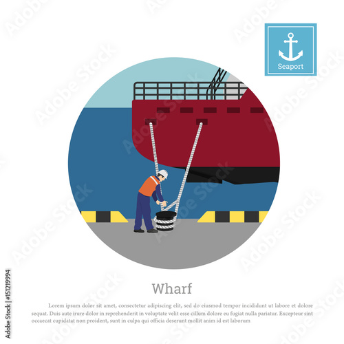 Working mooring ship in port. Cargo vessel at the pier