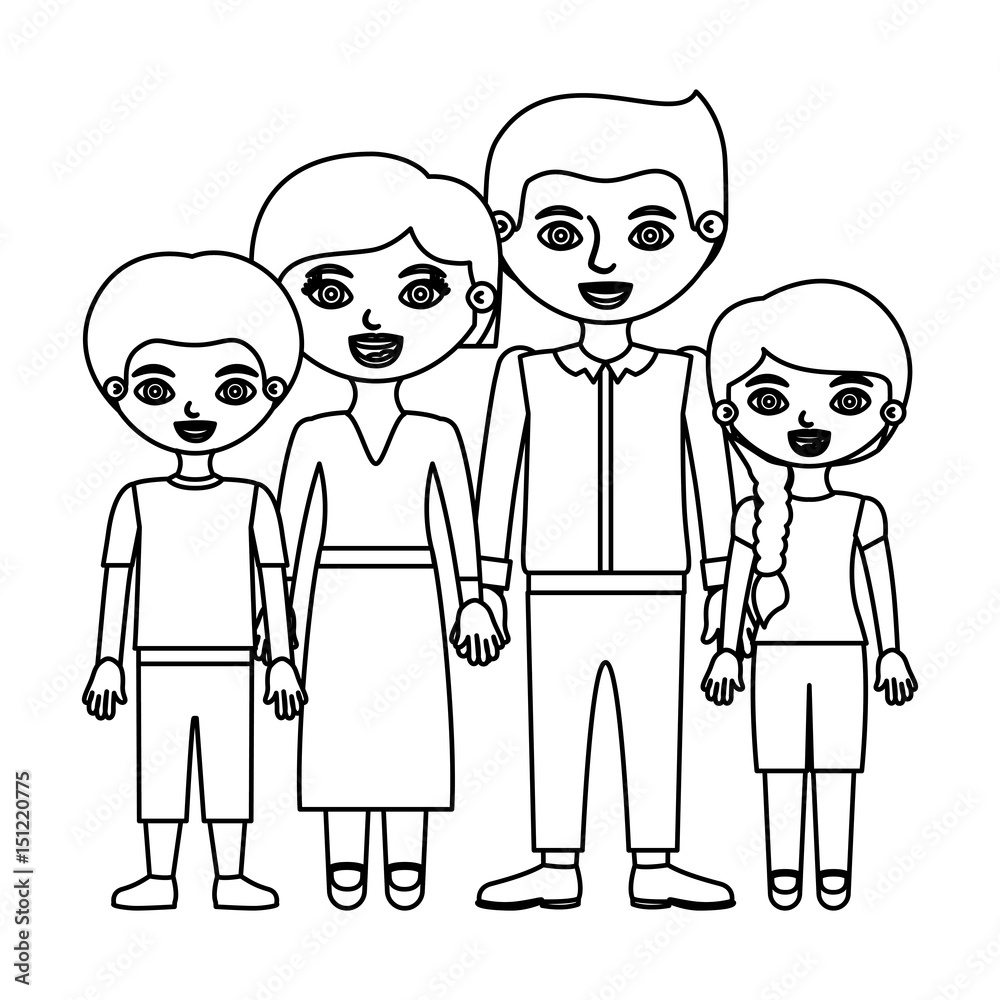 sketch silhouette family group with parents in formal suit and children in casual clothes vector illustration