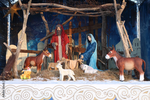PERM, RUSSIA - JAN 18, 2017: Depiction of Nativity of Jesus in Perm Ice Town 2017 Ekosad - largest in Russia