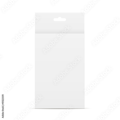 Paper box with hang tab mockup. Template front view for design or branding. Vector illustration