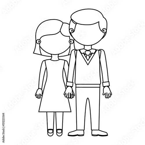 sketch silhouette faceless couple woman with short hair and man with bowtie and taken hands vector illustration