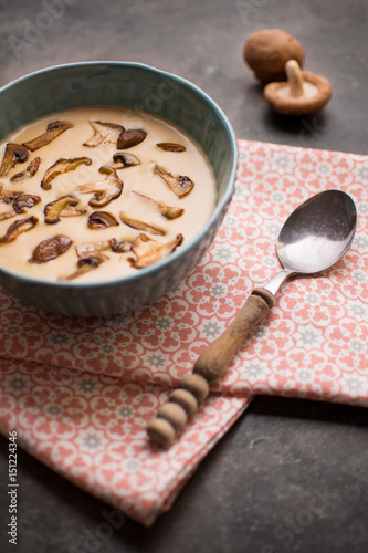 Creamy Mushroom Soup in Bowl on Stone Background. Homemade Mushrooms Pottage Puree.
