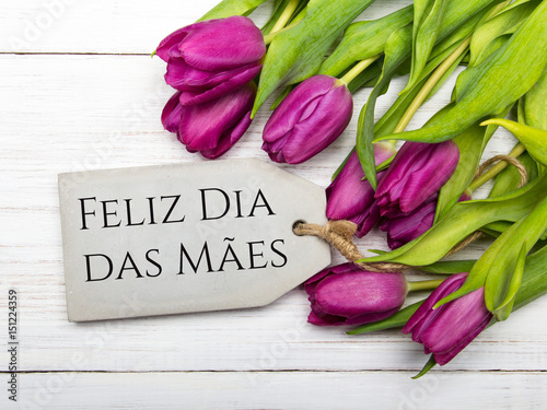 Mother's day card with Portuguese words: Happy Mother's day, and pink tulip on white wooden background.