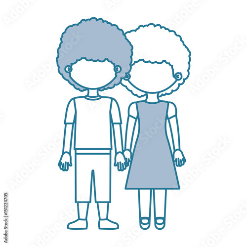 blue contour with color sections faceless curly couple girl with dress and boy in casual clothing and taken hands vector illustration