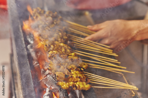 Detail, chicken satay cooked at street market, Chinatown, Malacca, Malaysia