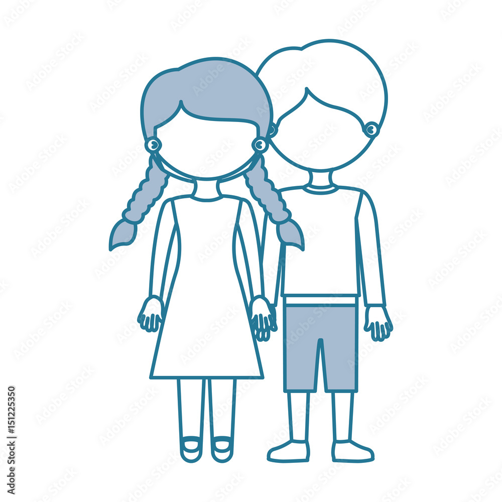 blue contour with color sections faceless couple girl with braids hair and boy in shorts and taken hands vector illustration blue contour with color sections faceless couple girl with braids hair and boy in shorts and taken hands vector illustration