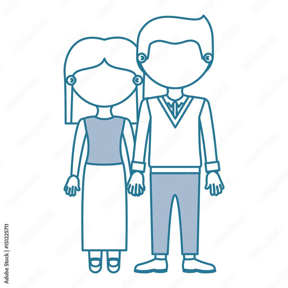 blue contour with color sections faceless couple woman with short hair and man with formal suit and taken hands vector illustration blue contour with color sections faceless couple woman with short hair and man with formal suit and taken hands vector illustration