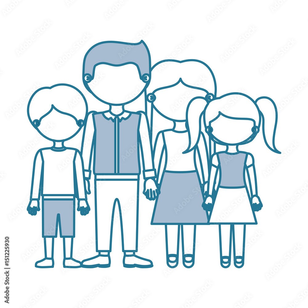 blue contour with color sections faceless family group in casual clothes and taken hands vector illustration blue contour with color sections faceless family group in casual clothes and taken hands vector illustration