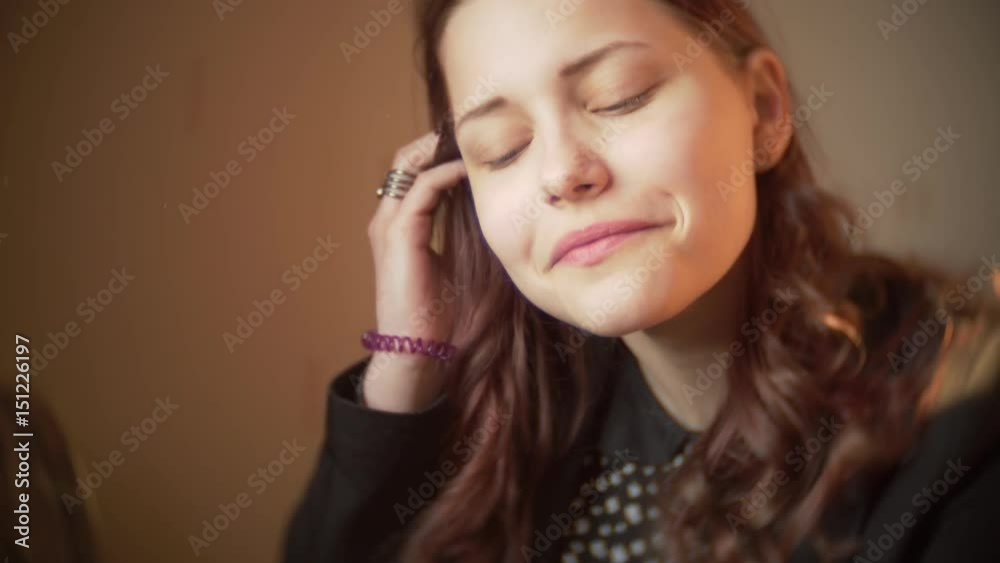 Portrait of cute pretty teen girl. Sunny spring day 60 to 24fps Indoors beautiful dreamy back light from sunset. Soft low contrast filter Portrait of cute pretty teen girl. Sunny spring day 60 to 24fps Indoors beautiful dreamy back light from sunset. Soft low contrast filter