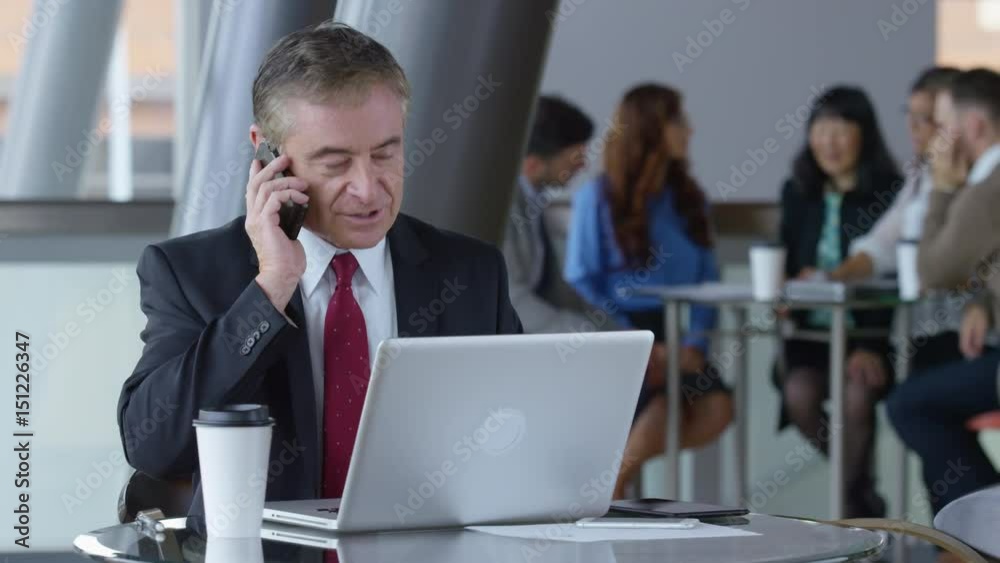 Mature businessman using cell phone in office lobby Mature businessman using cell phone in office lobby