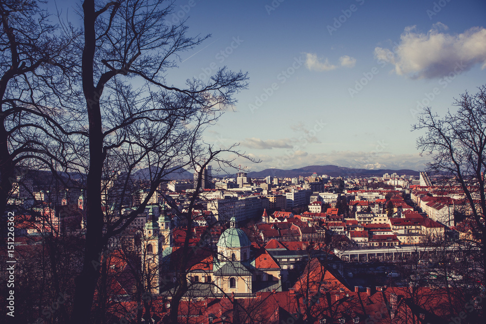 Europe, Slovenia, Ljubljana city. Photo depicting a view from the Castle hill to the downtown city of Ljubljana, Slovenia. Austrian Alpine Mountains on the background.