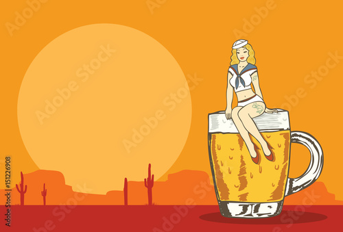 Illustration of a sailor girl sitting on a glass of cold beer, vector
