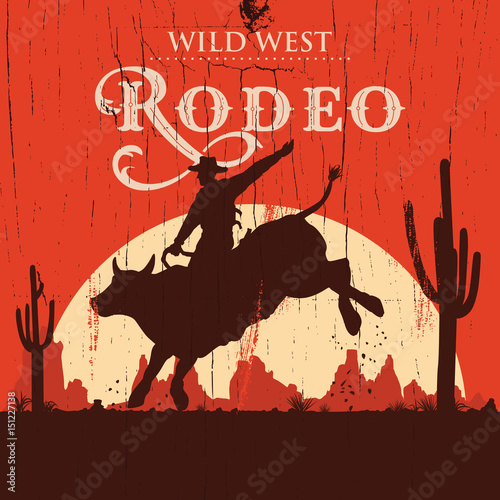 Rodeo cowboy riding bull on a wooden sign, vector