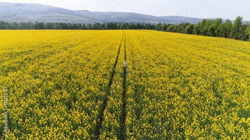 Flug mit Drohne über gelbes, blühendes Rapsfeld in dem sich eine hübsche, junge Frau befindet photo