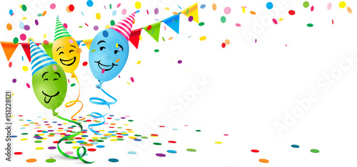 Party scenery with confetti and smiling balloons celebrating