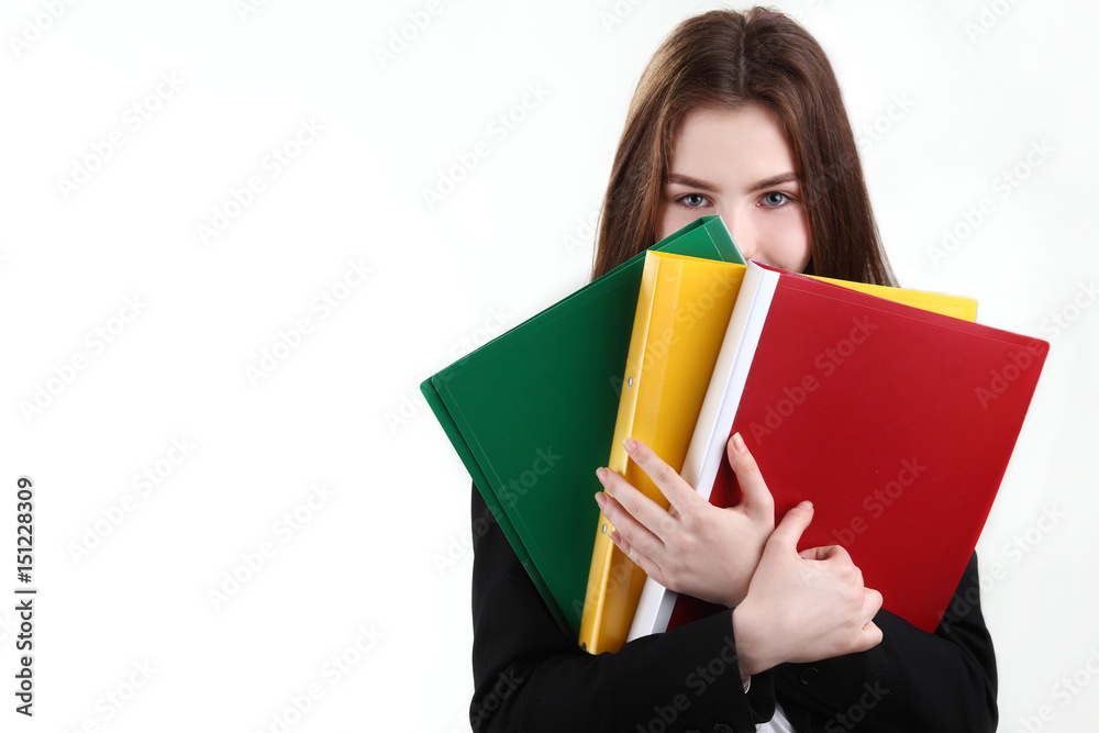 Teen student girl holding folders Teen student girl holding folders