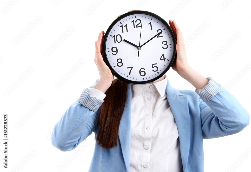 Portrait of beautiful young girl hiding face behind clock Portrait of beautiful young girl hiding face behind clock