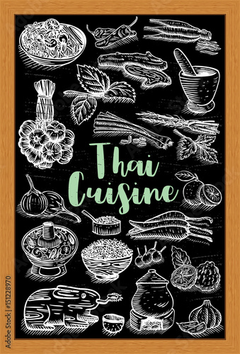 Hand drawn Thai food and herbs on a chalk board, vector