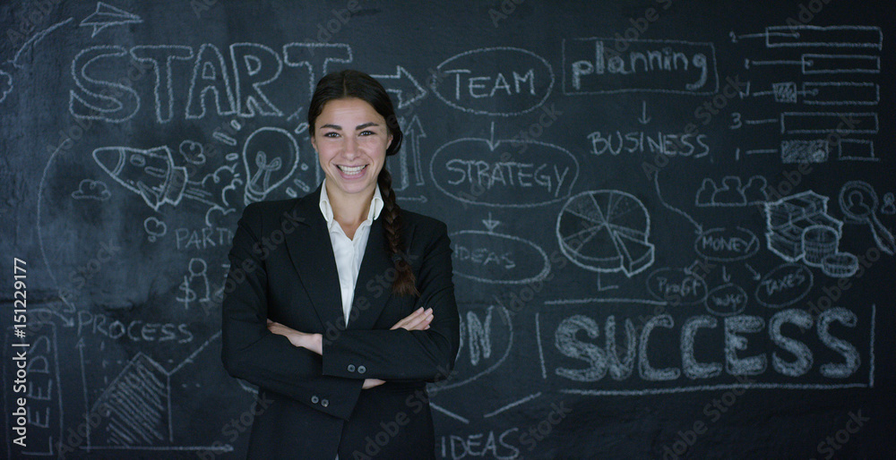 Beautiful business girl, marketing teacher, draws a graph of success on a black board, on a black background. Concept: career growth, growth chart, successful girl, marketing, ideas, finances. Beautiful business girl, marketing teacher, draws a graph of success on a black board, on a black background. Concept: career growth, growth chart, successful girl, marketing, ideas, finances.