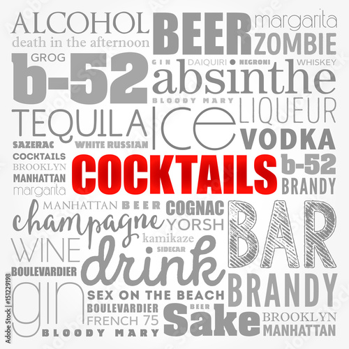 Different cocktails and ingredients, word cloud collage, design concept background