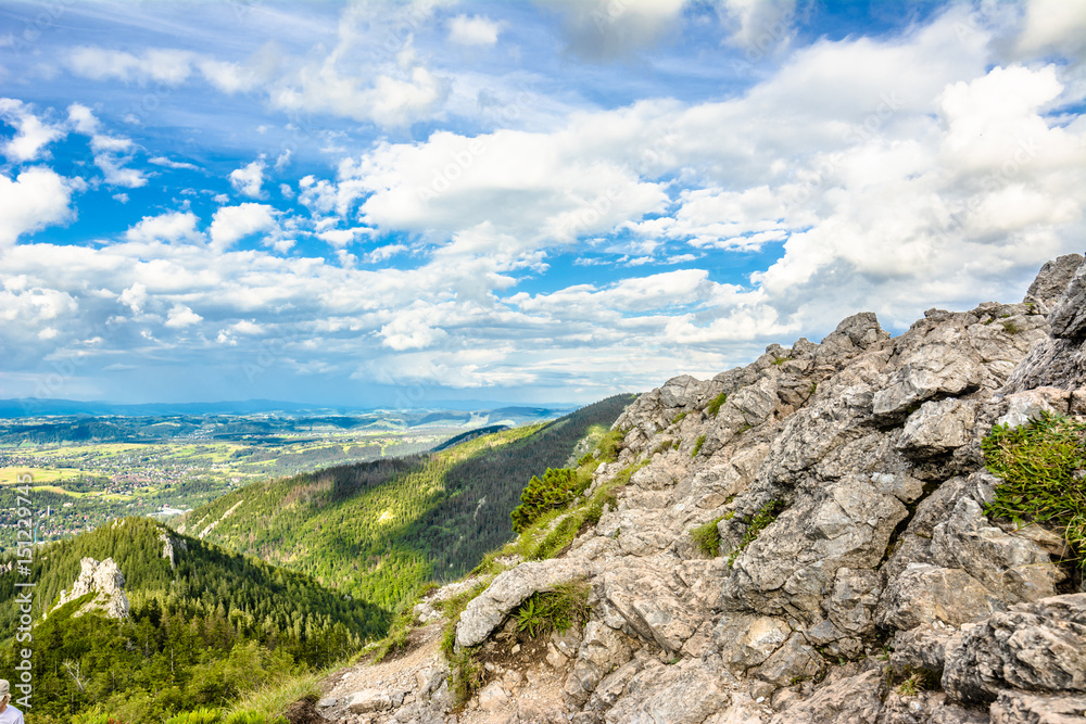 Rocks of mountains, view of valley Zakopane from the top of mountain, Poland