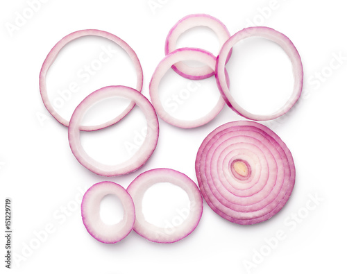 Sliced Red Onion Rings Isolated on White Background