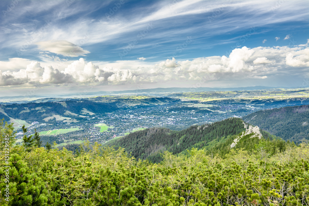 Panorama of mountains valley, view of Zakopane from the top of mountain, Tatry, Poland