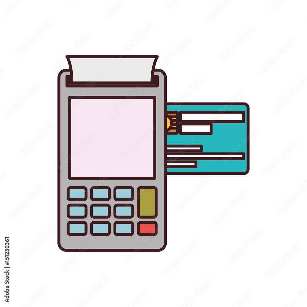 color silhouette with payment terminal and credit card with black contour vector illustration