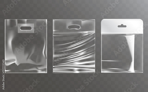 Set of vector illustrations of transparent plastic bags with hang slot, isolated on a transparent background. Mock up template, layout for branded design