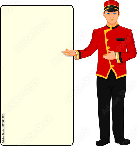 bellboy hotel service and blank sign